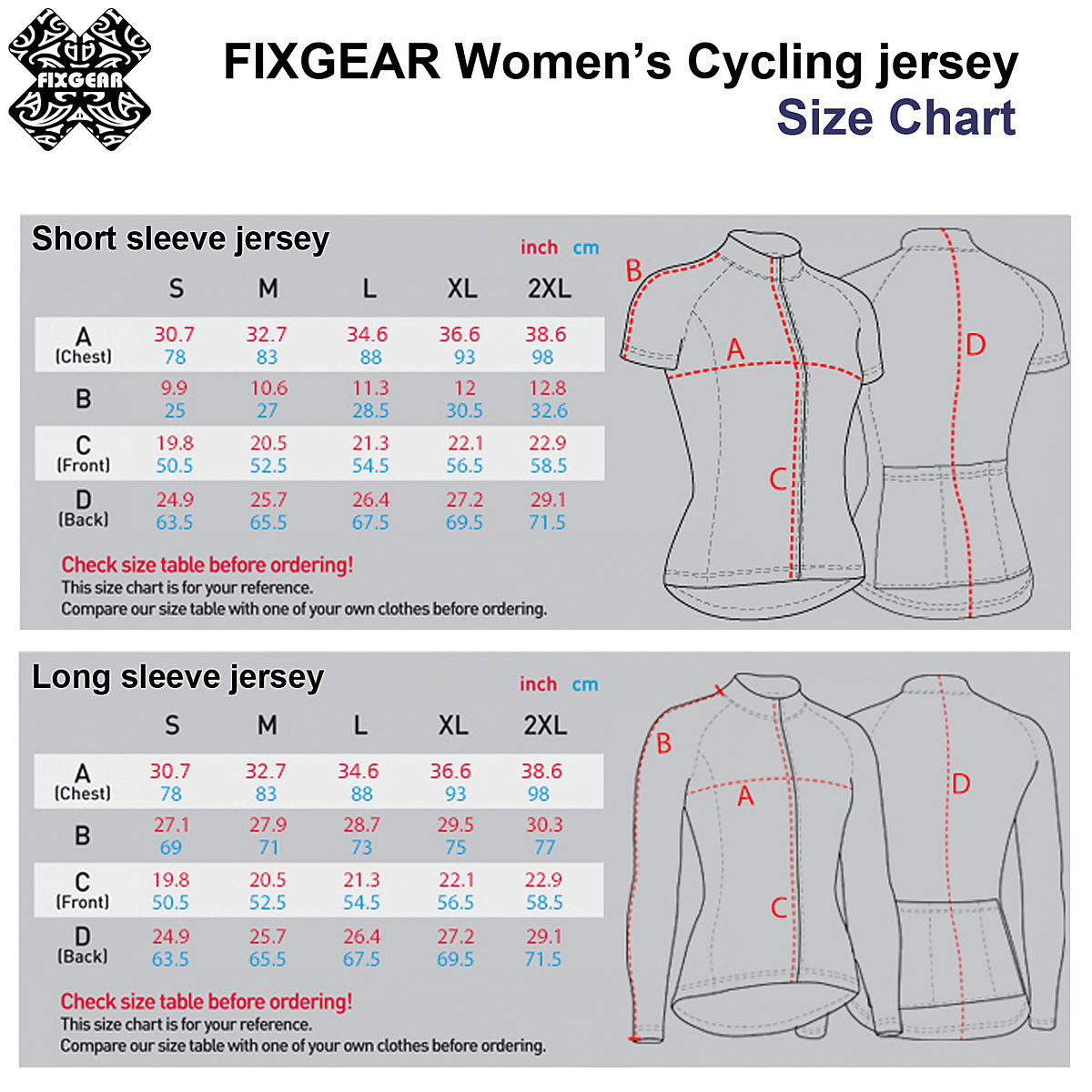 womens jersey size chart